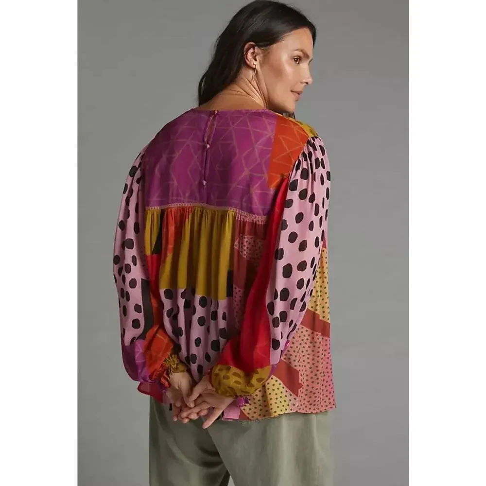 Anthropologie BL^nk Miranda Patchwork Peasant Blouse 3X Boho Mixed Print Top - Picture 9 of 10